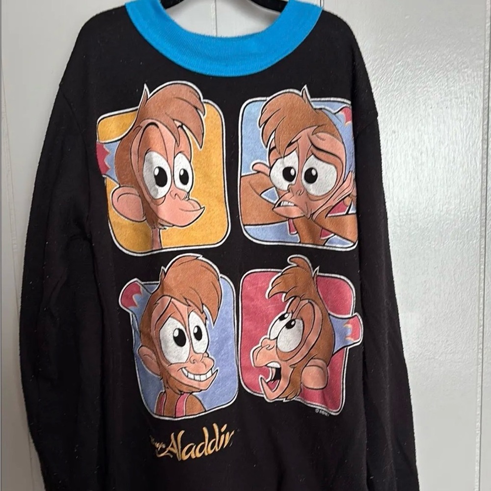 Vtg 90s Disney Aladdin Abu Character Long Sleeve Shirt - Black w/ Blue Trim